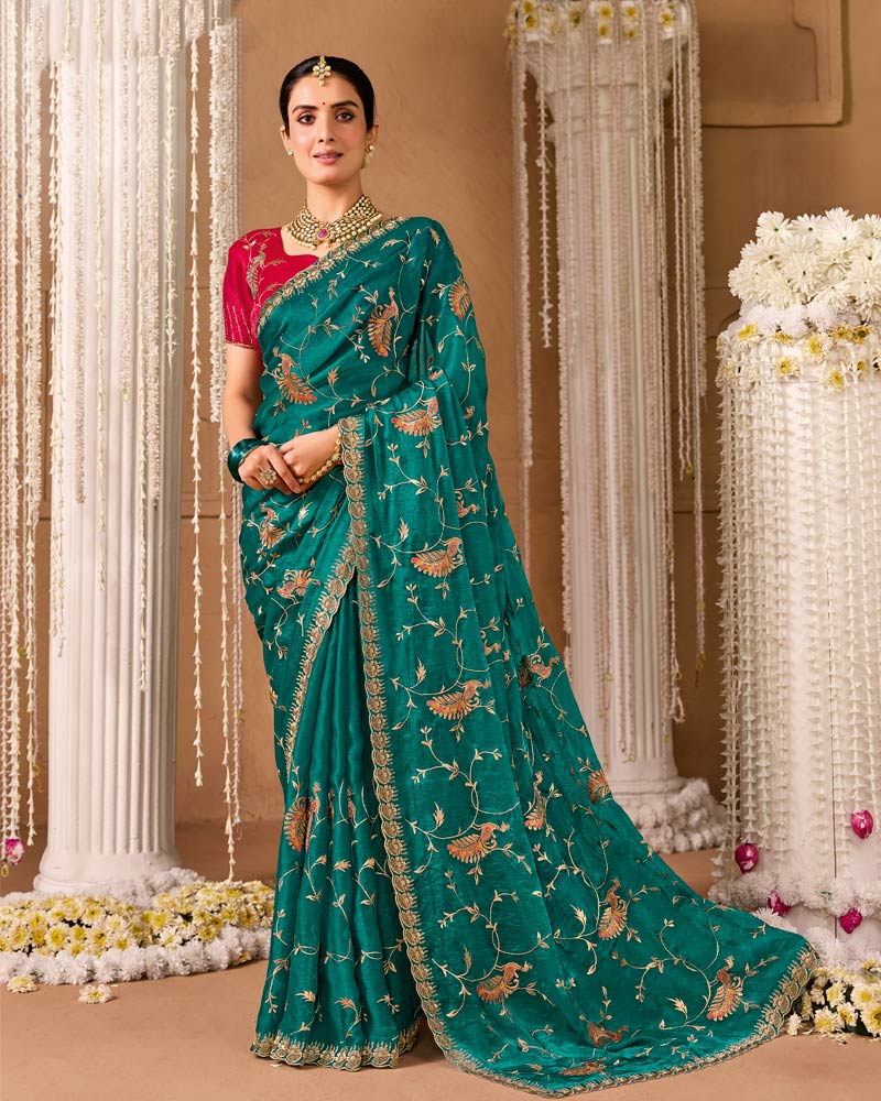 Deep Teal Blue Designer Chiffon Saree With Embroidery-Diamond Work And Cut Work Fancy Border