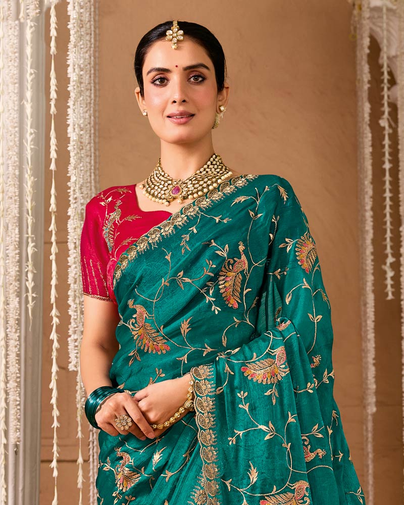 Deep Teal Blue Designer Chiffon Saree With Embroidery-Diamond Work And Cut Work Fancy Border