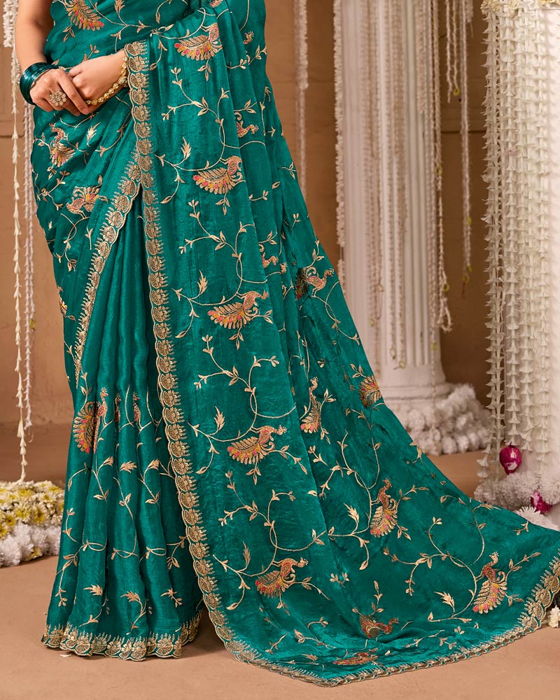 Deep Teal Blue Designer Chiffon Saree With Embroidery-Diamond Work And Cut Work Fancy Border