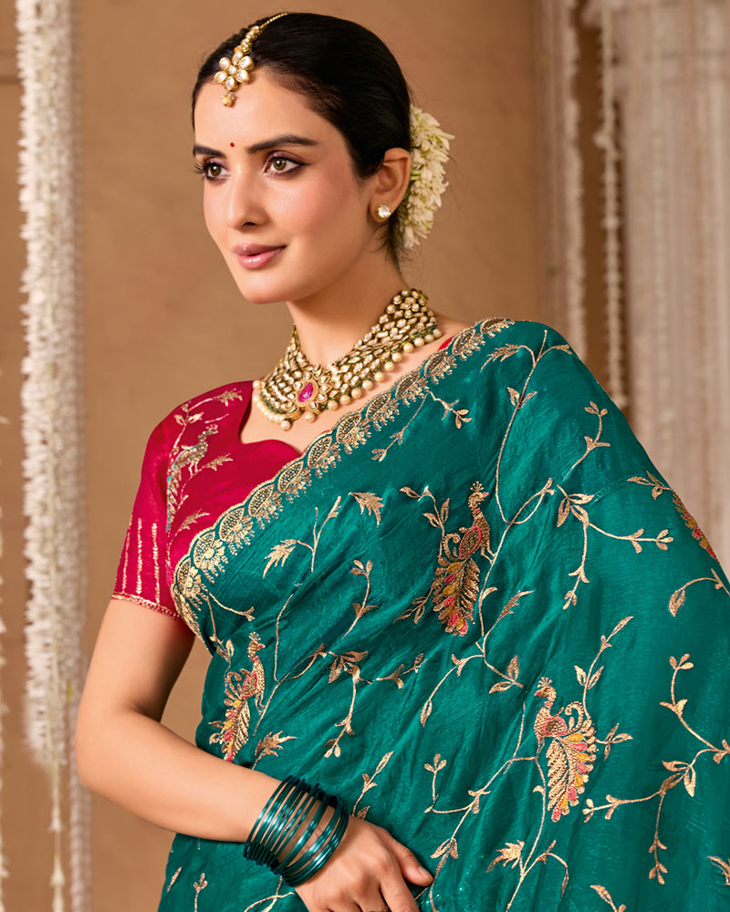 Deep Teal Blue Designer Chiffon Saree With Embroidery-Diamond Work And Cut Work Fancy Border