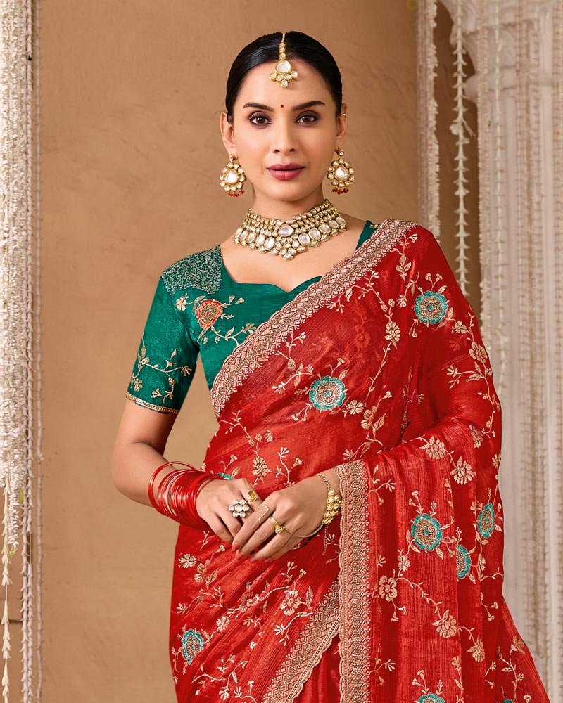 Red Designer Chiffon Saree With Embroidery-Diamond Work And Cut Work Fancy Border