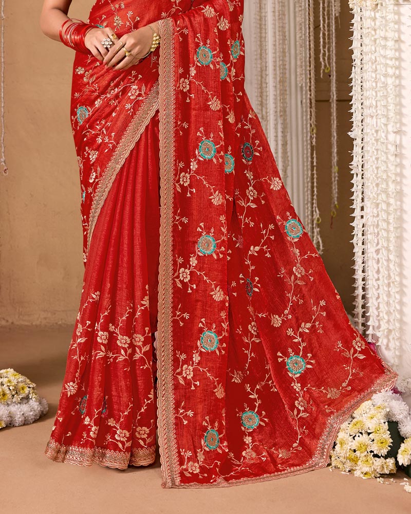 Red Designer Chiffon Saree With Embroidery-Diamond Work And Cut Work Fancy Border