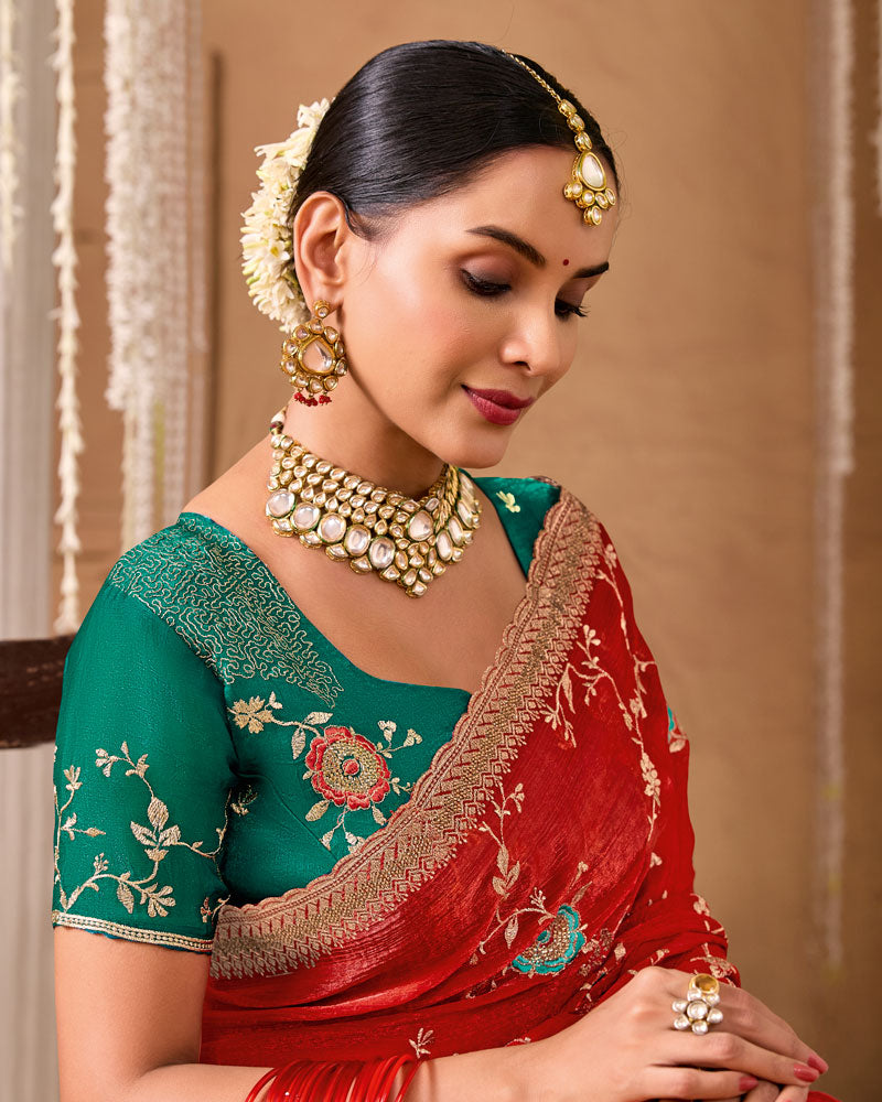 Red Designer Chiffon Saree With Embroidery-Diamond Work And Cut Work Fancy Border