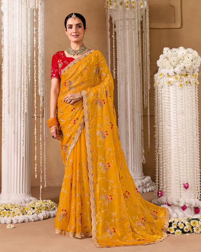 Bright Yellow Designer Chiffon Saree With Embroidery-Diamond Work And Cut Work Fancy Border