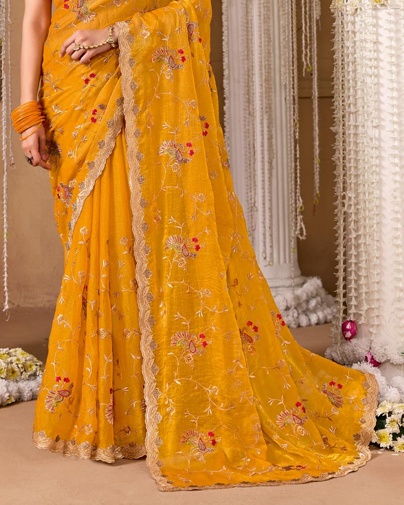 Bright Yellow Designer Chiffon Saree With Embroidery-Diamond Work And Cut Work Fancy Border