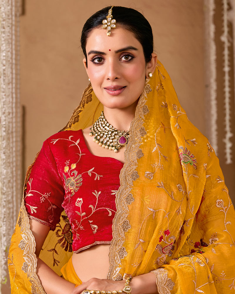 Bright Yellow Designer Chiffon Saree With Embroidery-Diamond Work And Cut Work Fancy Border