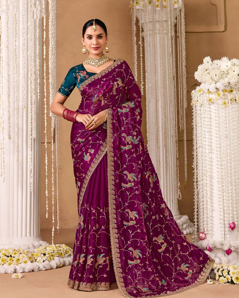 Deep Wine Designer Chiffon Saree With Embroidery-Diamond Work And Cut Work Fancy Border