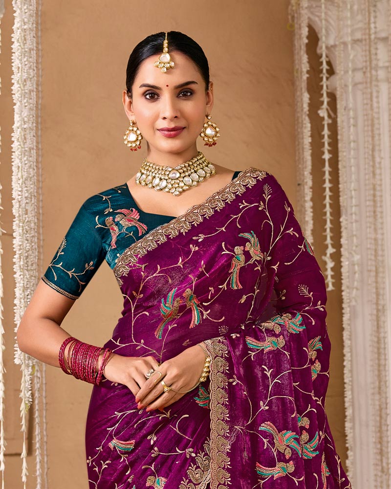 Deep Wine Designer Chiffon Saree With Embroidery-Diamond Work And Cut Work Fancy Border