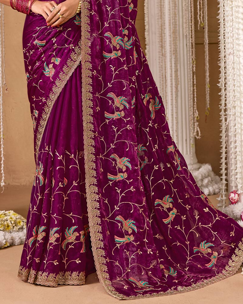 Deep Wine Designer Chiffon Saree With Embroidery-Diamond Work And Cut Work Fancy Border