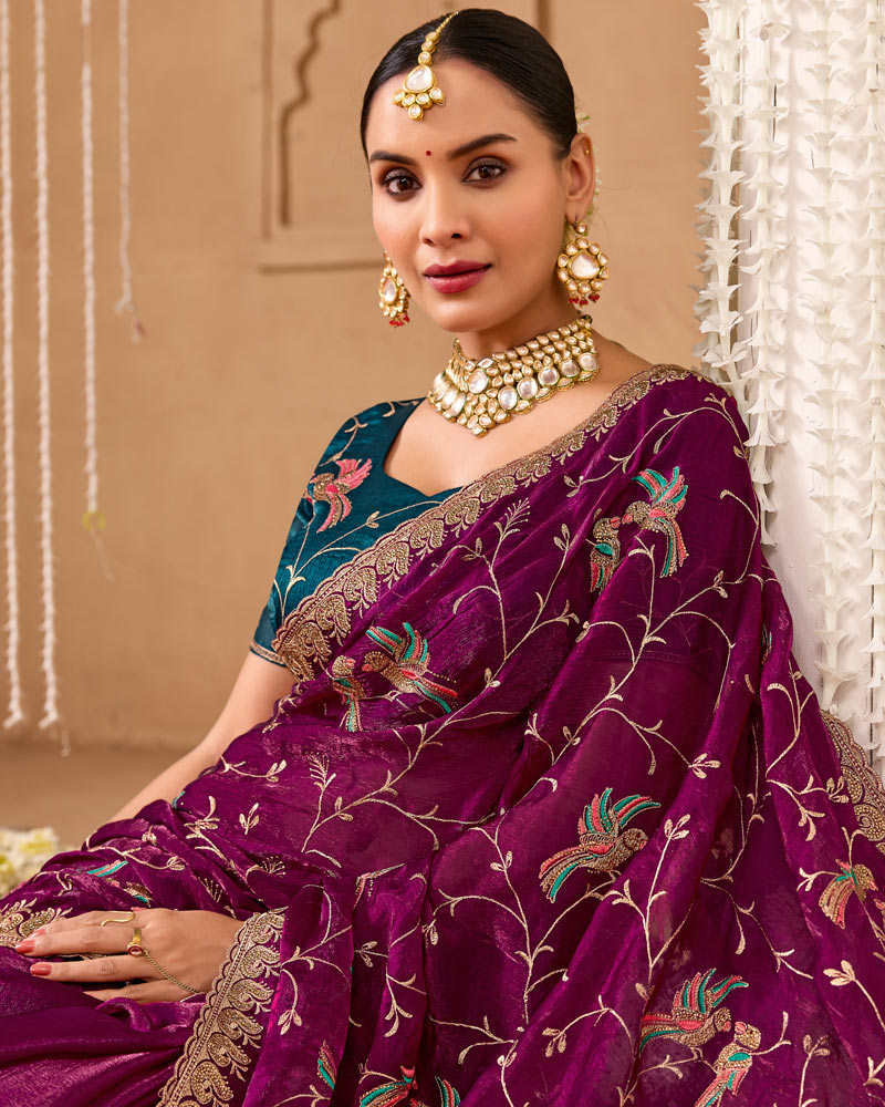 Deep Wine Designer Chiffon Saree With Embroidery-Diamond Work And Cut Work Fancy Border