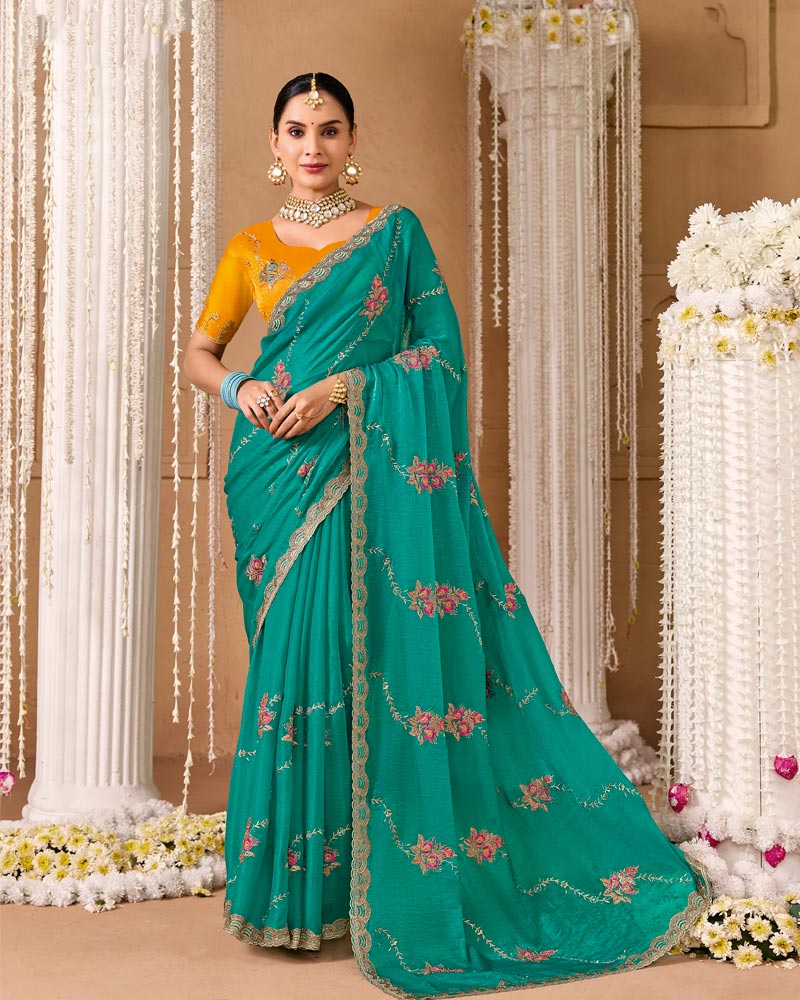 Teal Green Designer Chiffon Saree With Embroidery-Diamond Work And Cut Work Fancy Border