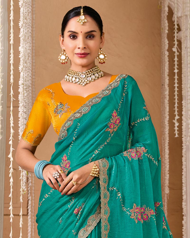 Teal Green Designer Chiffon Saree With Embroidery-Diamond Work And Cut Work Fancy Border