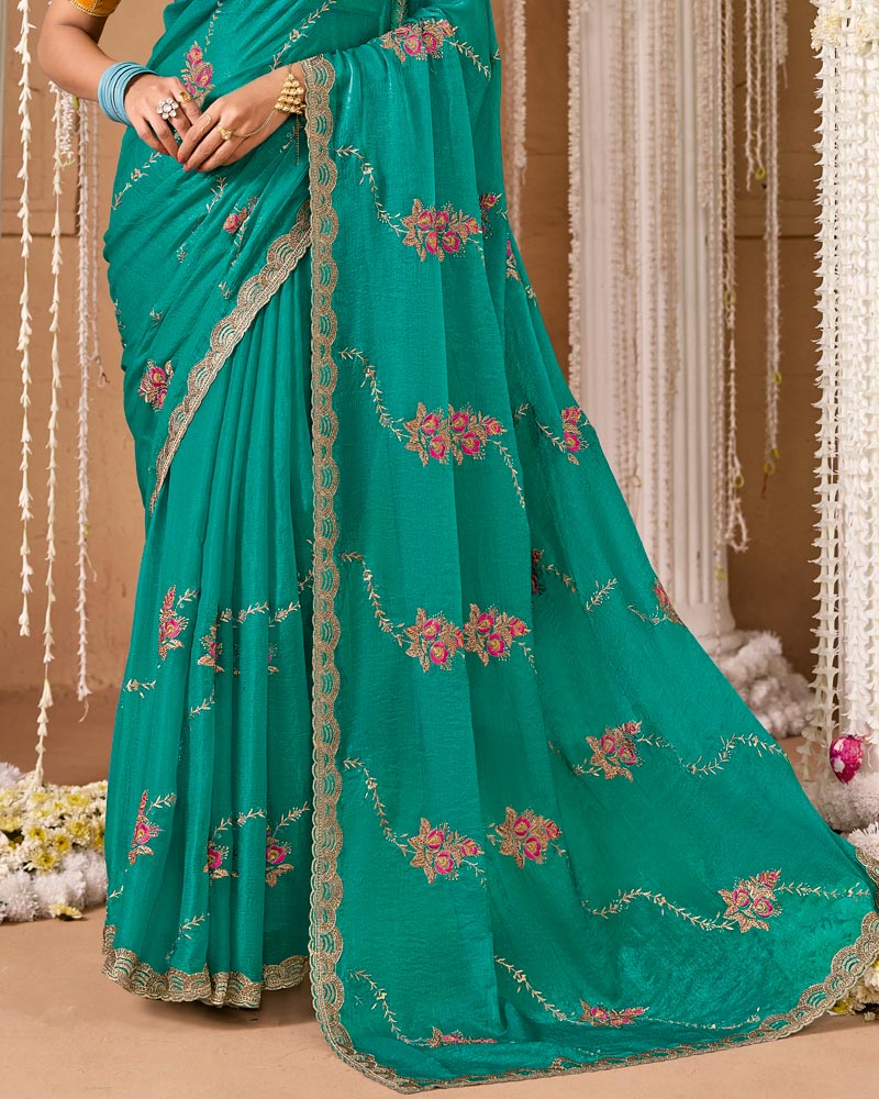 Teal Green Designer Chiffon Saree With Embroidery-Diamond Work And Cut Work Fancy Border