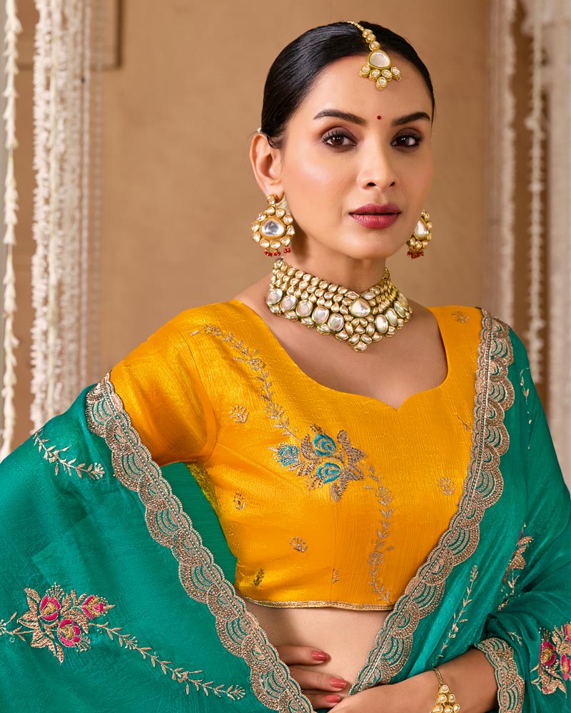 Teal Green Designer Chiffon Saree With Embroidery-Diamond Work And Cut Work Fancy Border