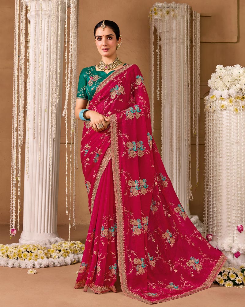 Deep Rani Pink Designer Chiffon Saree With Embroidery-Diamond Work And Cut Work Fancy Border