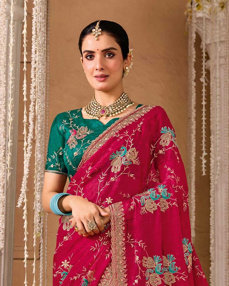 Deep Rani Pink Designer Chiffon Saree With Embroidery-Diamond Work And Cut Work Fancy Border