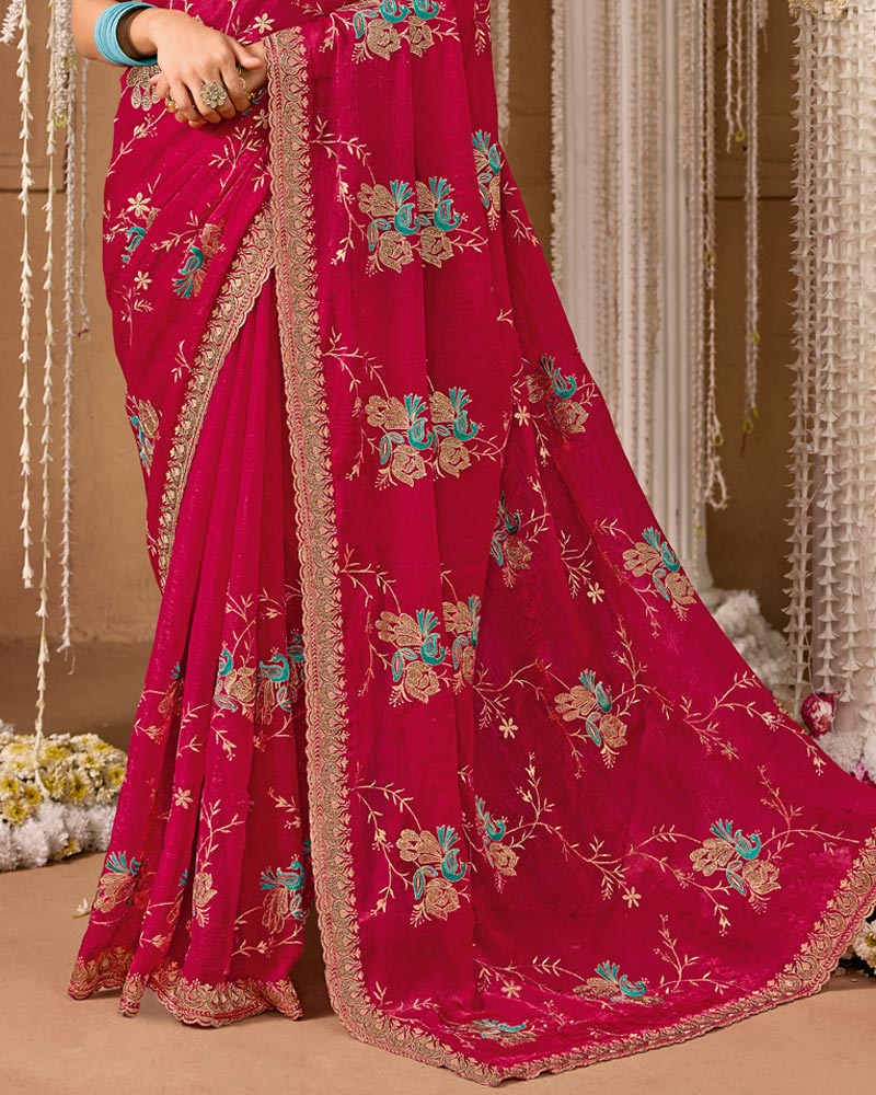 Deep Rani Pink Designer Chiffon Saree With Embroidery-Diamond Work And Cut Work Fancy Border