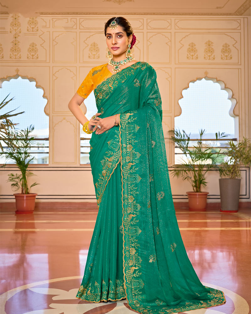 Emerald Green Designer Chiffon-Georgette Saree With Zari-Embroidery-Diamond Work And Cut Work Border