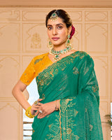 Emerald Green Designer Chiffon-Georgette Saree With Zari-Embroidery-Diamond Work And Cut Work Border