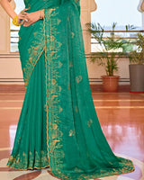 Emerald Green Designer Chiffon-Georgette Saree With Zari-Embroidery-Diamond Work And Cut Work Border