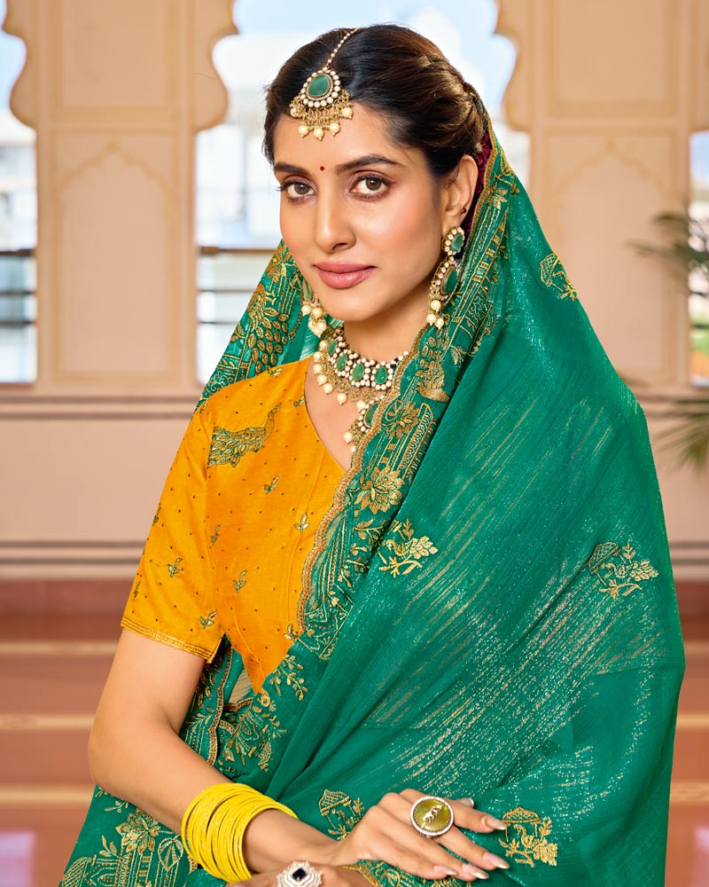 Emerald Green Designer Chiffon-Georgette Saree With Zari-Embroidery-Diamond Work And Cut Work Border