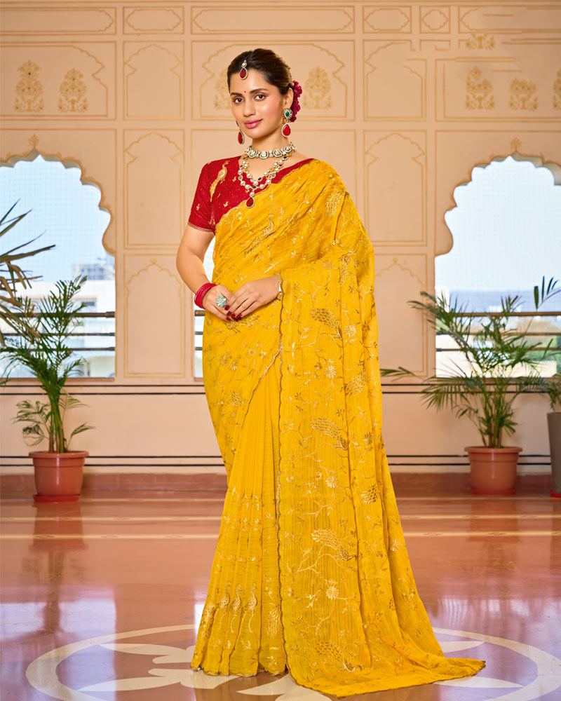 Golden Yellow Designer Chiffon-Georgette Saree With Zari-Embroidery-Diamond Work And Cut Work Border