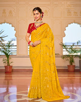 Golden Yellow Designer Chiffon-Georgette Saree With Zari-Embroidery-Diamond Work And Cut Work Border