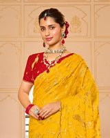 Golden Yellow Designer Chiffon-Georgette Saree With Zari-Embroidery-Diamond Work And Cut Work Border