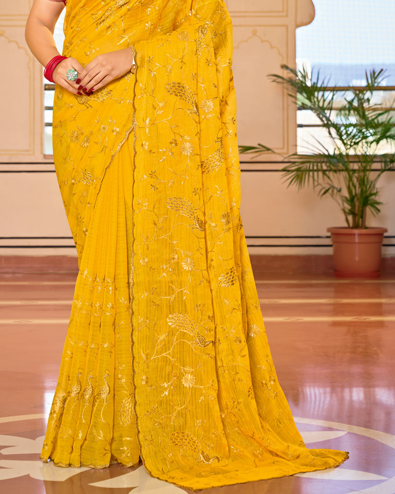 Golden Yellow Designer Chiffon-Georgette Saree With Zari-Embroidery-Diamond Work And Cut Work Border