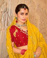 Golden Yellow Designer Chiffon-Georgette Saree With Zari-Embroidery-Diamond Work And Cut Work Border