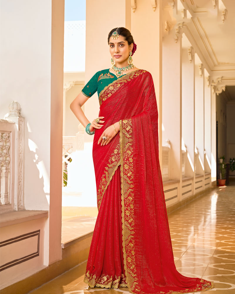 Crimson Red Designer Chiffon-Georgette Saree With Zari-Embroidery-Diamond Work And Cut Work Border