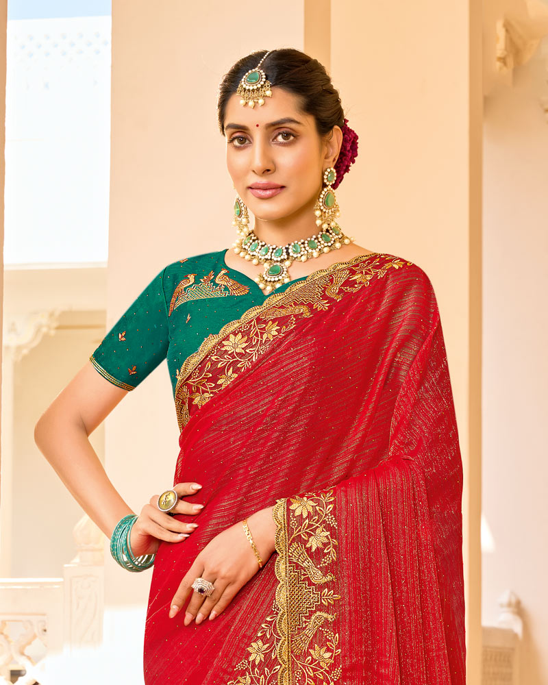 Crimson Red Designer Chiffon-Georgette Saree With Zari-Embroidery-Diamond Work And Cut Work Border