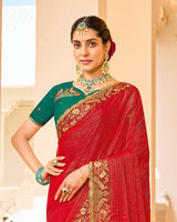 Crimson Red Designer Chiffon-Georgette Saree With Zari-Embroidery-Diamond Work And Cut Work Border