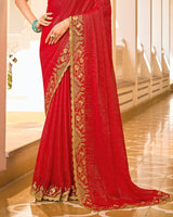 Crimson Red Designer Chiffon-Georgette Saree With Zari-Embroidery-Diamond Work And Cut Work Border