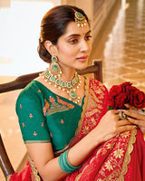 Crimson Red Designer Chiffon-Georgette Saree With Zari-Embroidery-Diamond Work And Cut Work Border