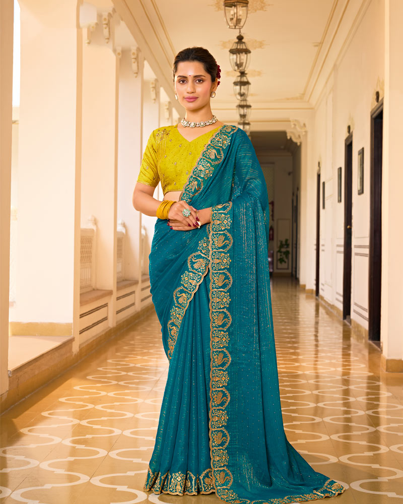 Peacock Blue Designer Chiffon-Georgette Saree With Zari-Embroidery-Diamond Work And Cut Work Border