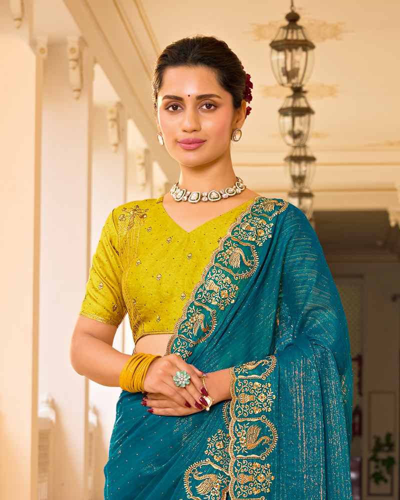 Peacock Blue Designer Chiffon-Georgette Saree With Zari-Embroidery-Diamond Work And Cut Work Border