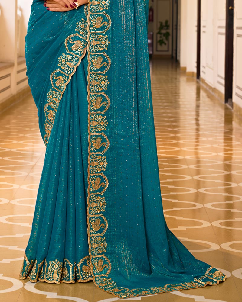 Peacock Blue Designer Chiffon-Georgette Saree With Zari-Embroidery-Diamond Work And Cut Work Border