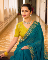 Peacock Blue Designer Chiffon-Georgette Saree With Zari-Embroidery-Diamond Work And Cut Work Border