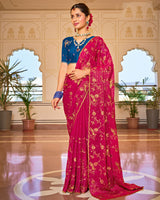 Magenta Pink Designer Chiffon-Georgette Saree With Zari-Embroidery-Diamond Work And Cut Work Border