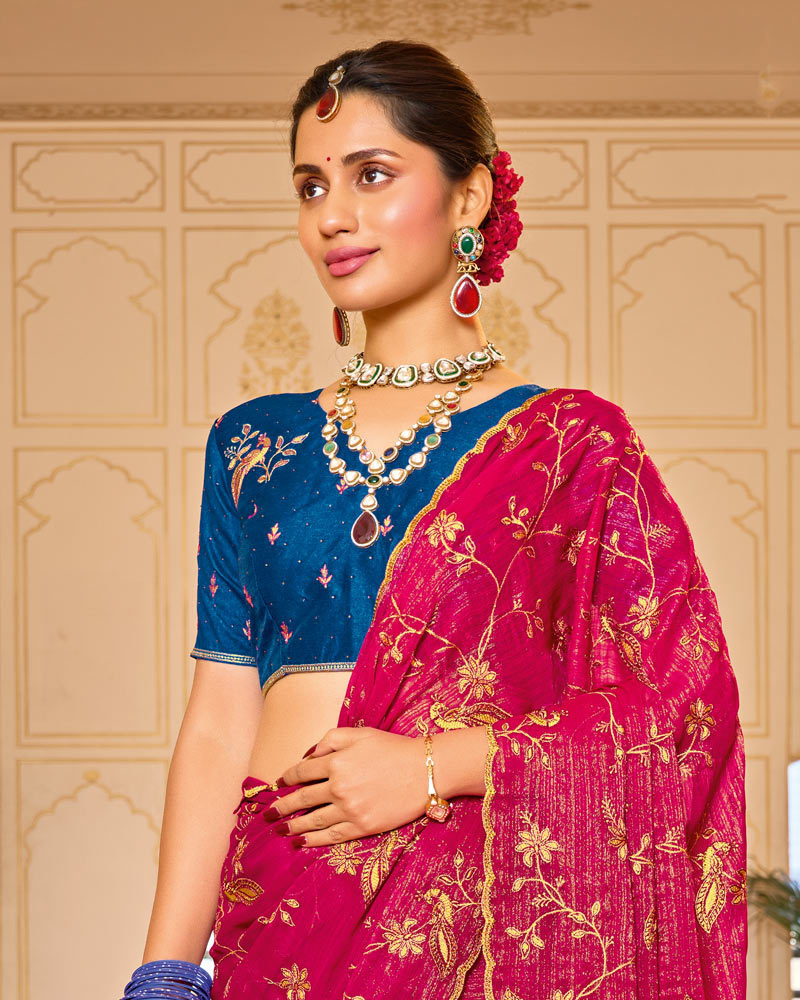Magenta Pink Designer Chiffon-Georgette Saree With Zari-Embroidery-Diamond Work And Cut Work Border
