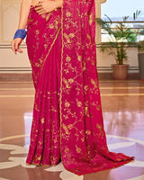Magenta Pink Designer Chiffon-Georgette Saree With Zari-Embroidery-Diamond Work And Cut Work Border