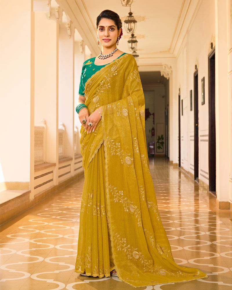 Olive Gold Designer Chiffon-Georgette Saree With Zari-Embroidery-Diamond Work And Cut Work Border