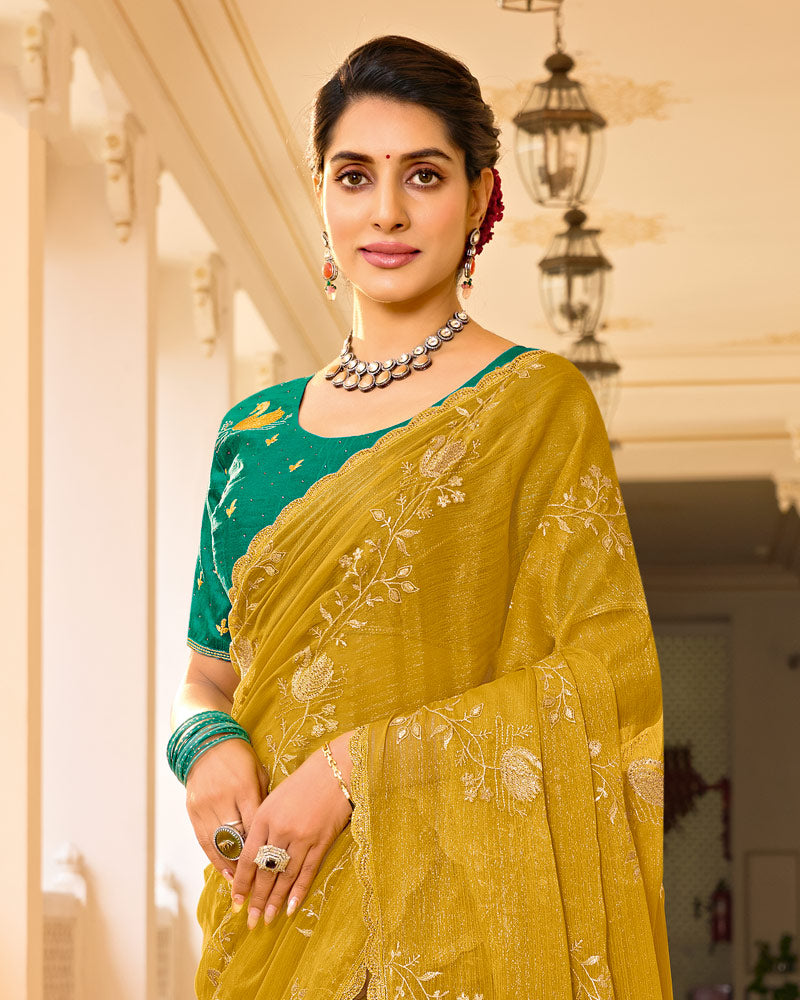Olive Gold Designer Chiffon-Georgette Saree With Zari-Embroidery