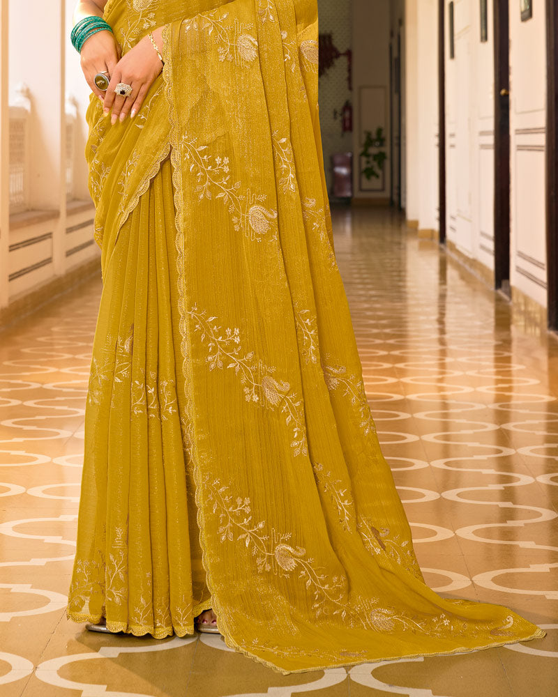 Olive Gold Designer Chiffon-Georgette Saree With Zari-Embroidery-Diamond Work And Cut Work Border