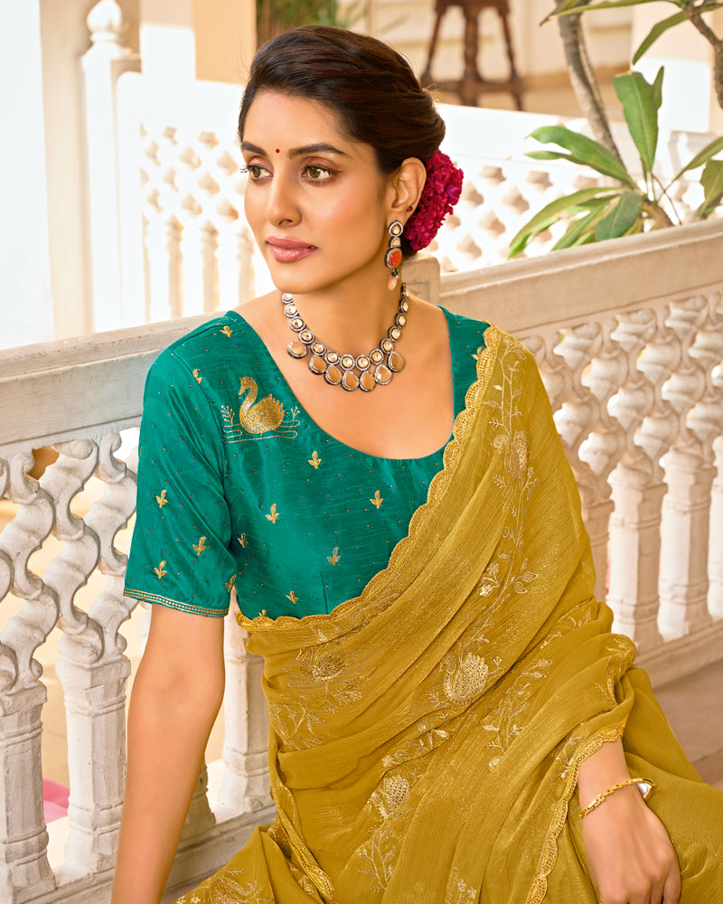 Olive Gold Designer Chiffon-Georgette Saree With Zari-Embroidery-Diamond Work And Cut Work Border