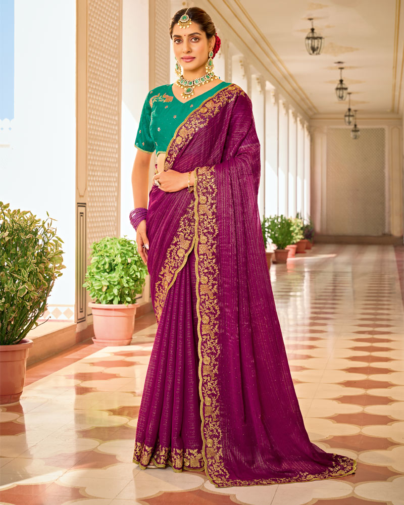Vibrant Purple Designer Chiffon-Georgette Saree With Zari-Embroidery-Diamond Work And Cut Work Border