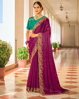 Vibrant Purple Designer Chiffon-Georgette Saree With Zari-Embroidery-Diamond Work And Cut Work Border