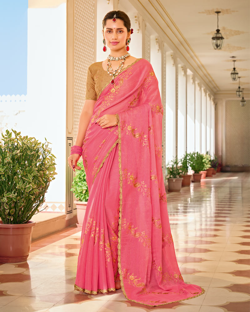 Warm Pink Designer Chiffon-Georgette Saree With Zari-Embroidery-Diamond Work And Cut Work Border