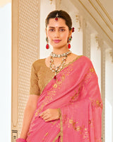 Warm Pink Designer Chiffon-Georgette Saree With Zari-Embroidery-Diamond Work And Cut Work Border